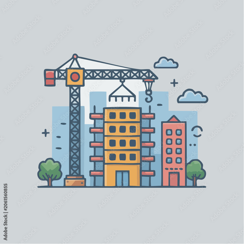 Fototapeta premium Colorful cityscape with construction crane and buildings