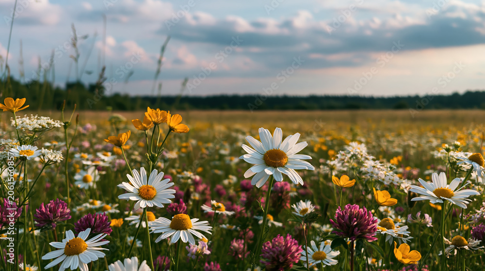 Obraz premium Wildflower meadow floral background soft field of mixed blooms with daisies and clover under cloudy sky