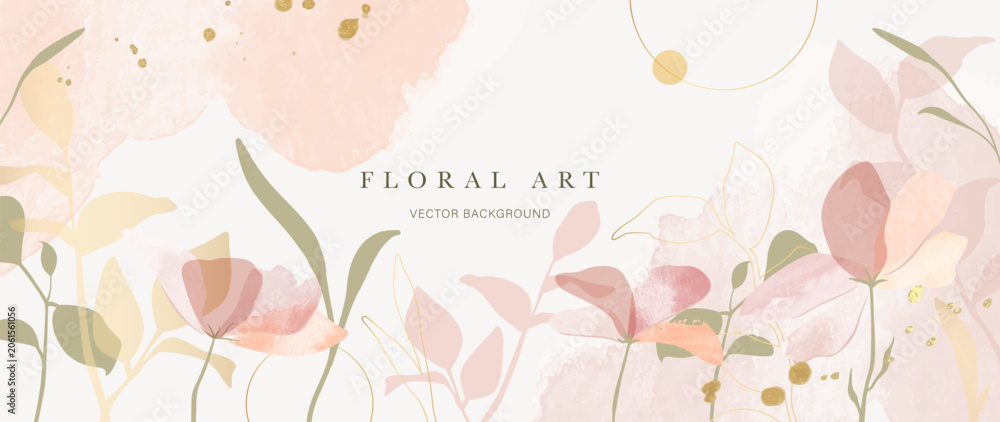 Fototapeta premium Floral art background vector. Soft pastel watercolor flowers and botanical leaves with gold accents on beige for wedding invitation, feminine banner, elegant card and romantic cover.