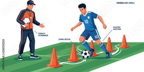 Foto Soccer Training Infographic Featuring Football Coach Instructing Male Athlete on