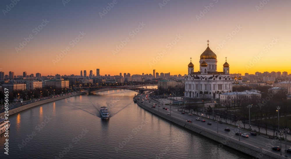 Obraz premium Sunset over city river landscape.
