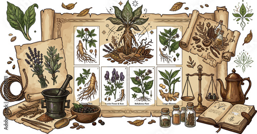 Foto Vintage Witchcraft and Alchemy Botanical Illustration Set Featuring Mythical Man
