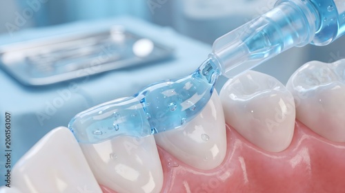 Clear orthodontic aligner with blue gel on teeth model for dental clinic advertising