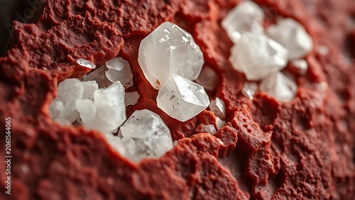 A cut deep red rock with large white feldspar crystals.