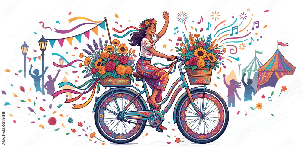 Fototapeta premium Colorful Summer Festival Parade Vector Illustration Featuring a Woman Riding an Ornate Flower Bicycle Surrounded by Music Notes Confetti and Carnival Tents