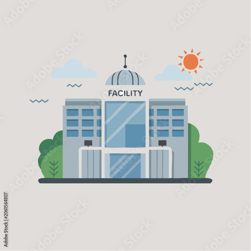 facility building illustration with blue dome and gate