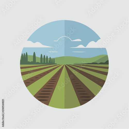 Tuscan countryside landscape circular illustration with farmland