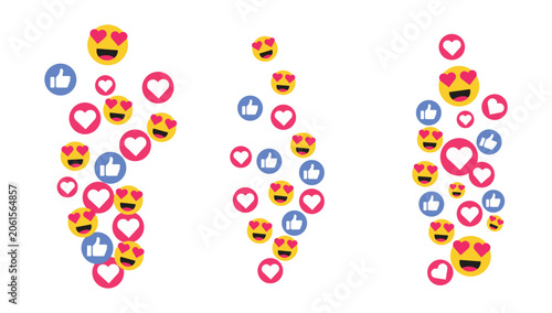 Tableau sur toile Social Media Reactions Stream Background with Like Icons Hearts and Heart Eyes Emojis Floating in Vertical Flow for Live Streaming Engagement and Digital Marketing Vector Illustration