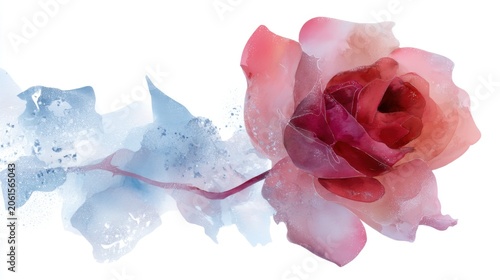 Artistic watercolor clipart of a crimson rose encased in a thin layer of translucent ice and frost crystals, sharp frozen textures vs soft petal washes