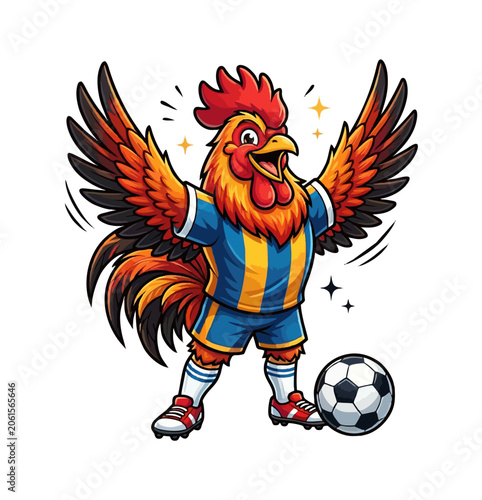 Cute rooster goal celebration soccer mascot illustration