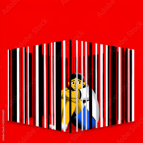 Human trapped inside a prison made of giant barcode lines