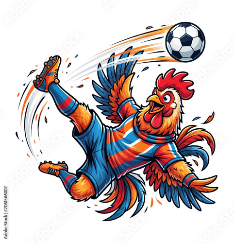 Cute rooster bicycle kick soccer mascot illustration