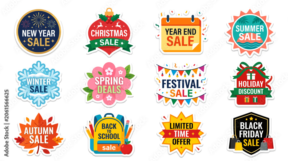 Naklejka premium Various colorful sale labels displayed on a surface for shopping
