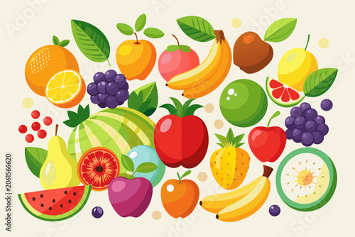 Colorful illustration of various fruits including apples, bananas, and berries in a vibrant graphic design with leaves and slices, showcasing a lively and healthy mix of fresh produce