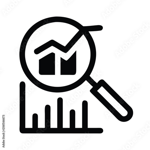 Business data analysis icon with magnifying glass over bar and line charts, .