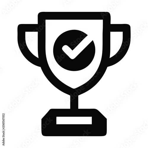 Victory trophy cup icon with checkmark symbol for success and performance reward,