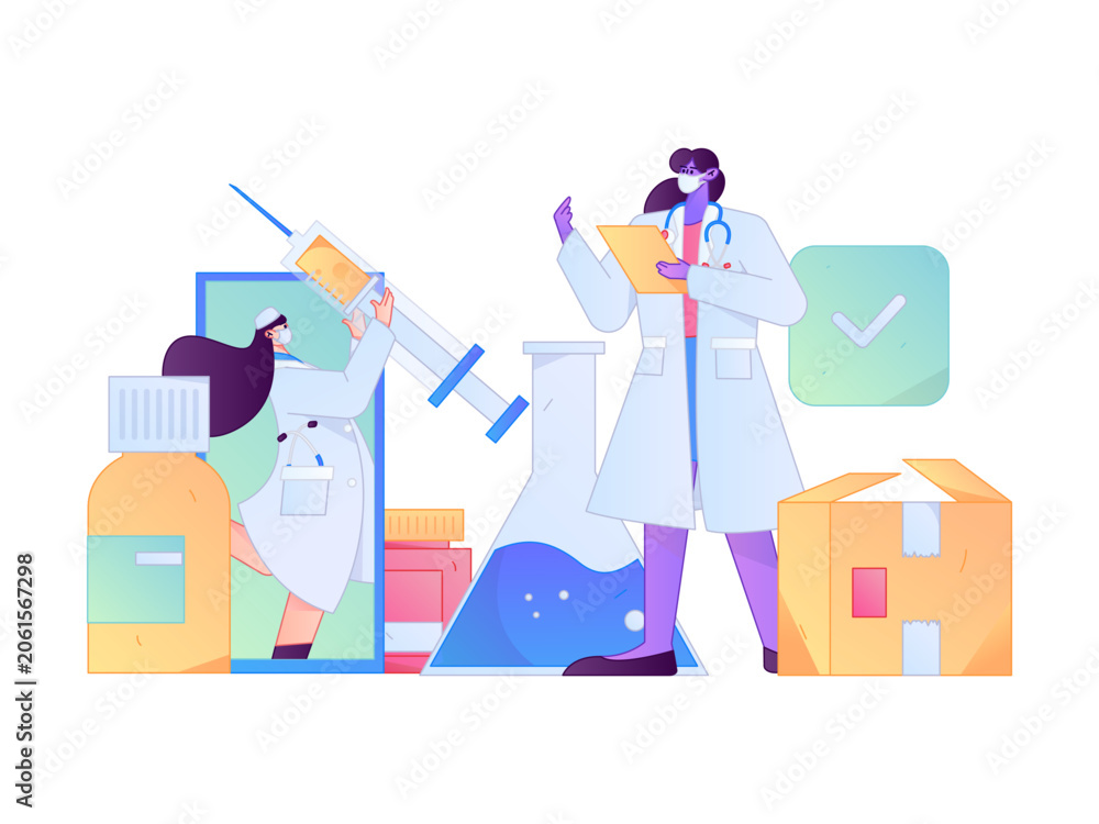 Fototapeta premium Medical characters fighting the epidemic flat vector concept operation hand drawn illustration 