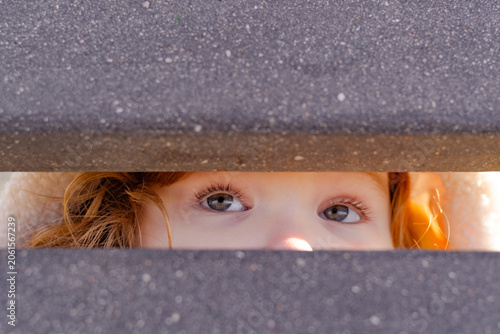Fotografie Close up of kid looking through gap in wooden fence