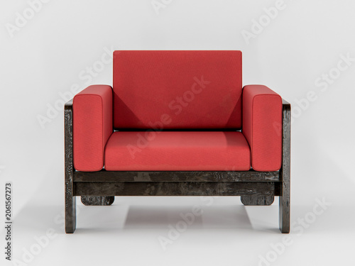 Red sofa with plush cushions. Dark wood frame contrasts with vibrant upholstery. Clean lines define minimalist design. Ideal for contemporary living spaces. Use in interior design projects