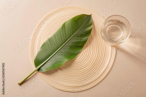 Vibrant Banana Leaves Close up Accompanied by a Glass of Water on a Textured, Neutral Background