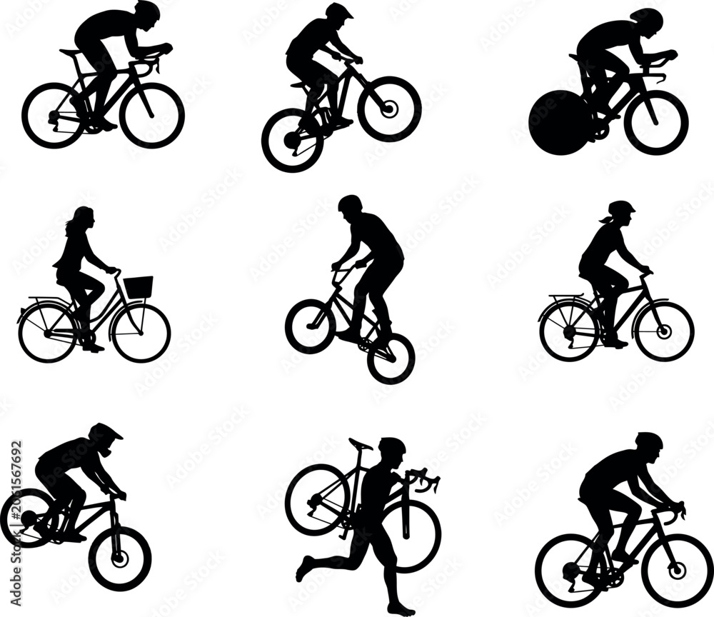 Obraz premium Silhouette of people riding bicycles in various poses and styles