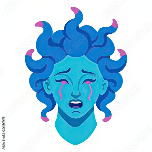 Medusa Gorgon Weeping Holographic Tears With a Surreal and Emotional Expression in Vibrant Colors
