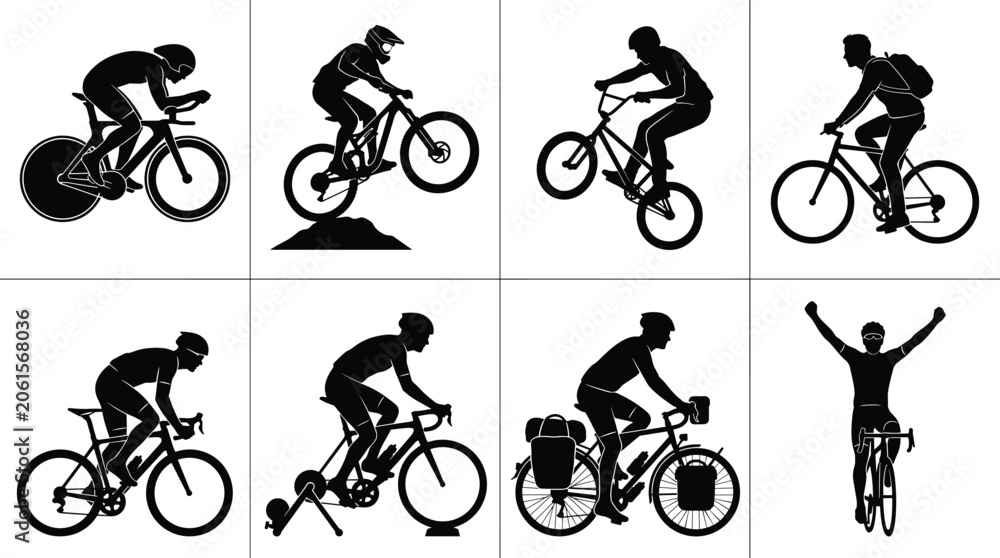 Obraz premium Set of professional cyclist silhouettes including mountain biking, road racing, indoor training, BMX stunts, and bicycle touring icons