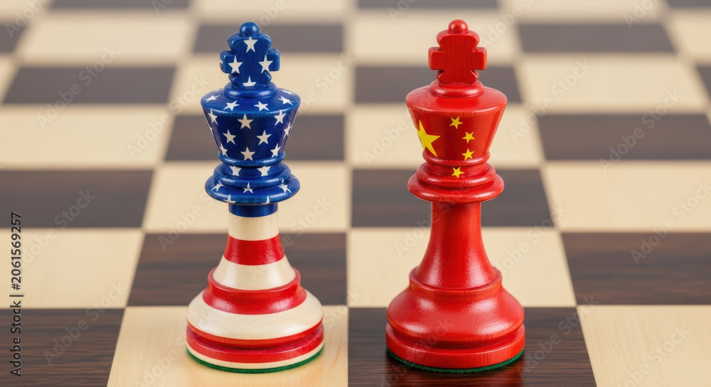 Naklejka premium US chess piece and China chess piece on chessboard symbolize trade tensions and strategic competition in global market