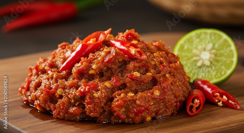 Fresh Spicy Chili Paste Sambal with Lime on a Wooden Cutting Board
