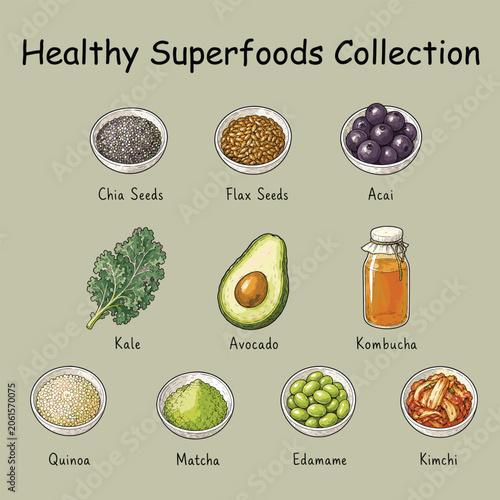 Bild auf Leinwand Illustrated healthy superfoods collection with seeds, fruits, and fermented item