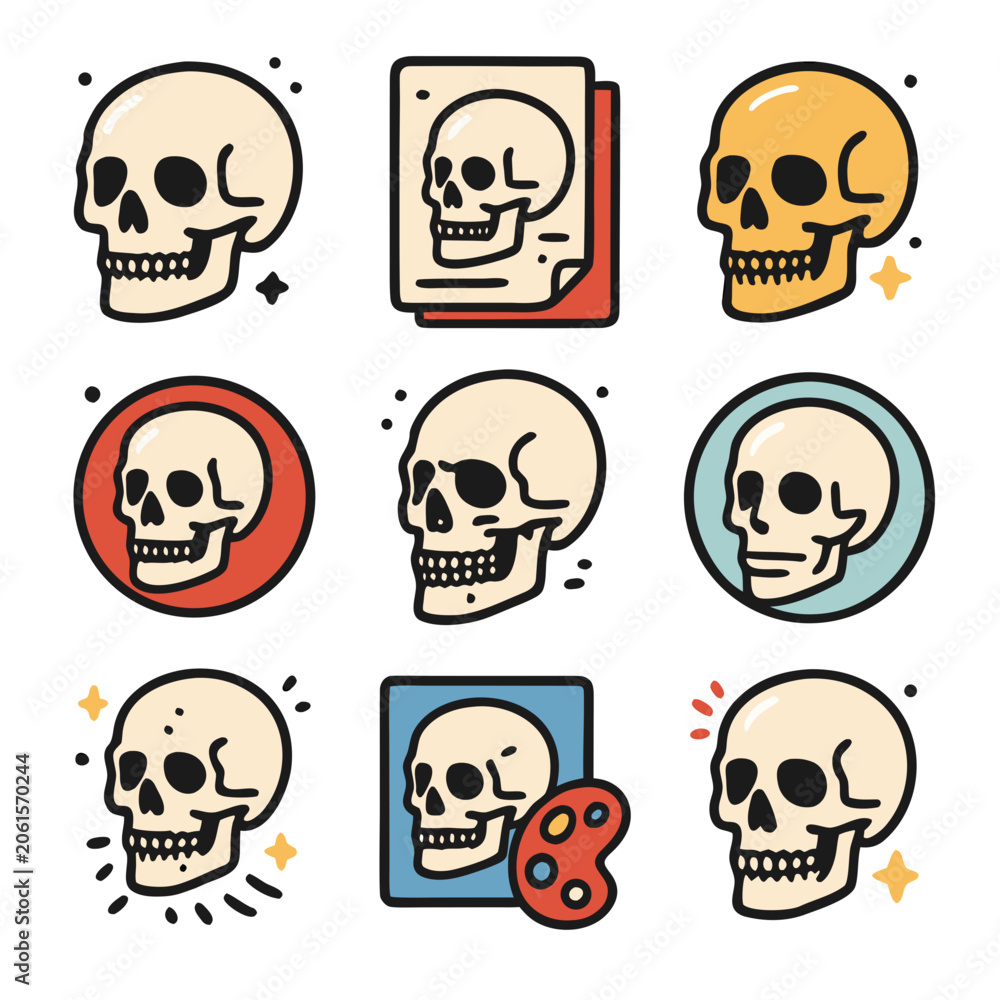 Obraz premium Skull cartoon icons ideal for spooky halloween designs, educational materials, or graphic projects requiring quirky and playful elements.