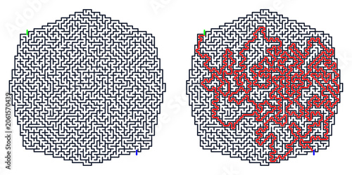 Logic game with labyrints,Maze game,Maze Puzzle foor kids,Labyrinth With Entry And Exit,Maze For Activiity Book,Puzzle Labyrinth, Maze pattern design with intricate paths in black and red colors  