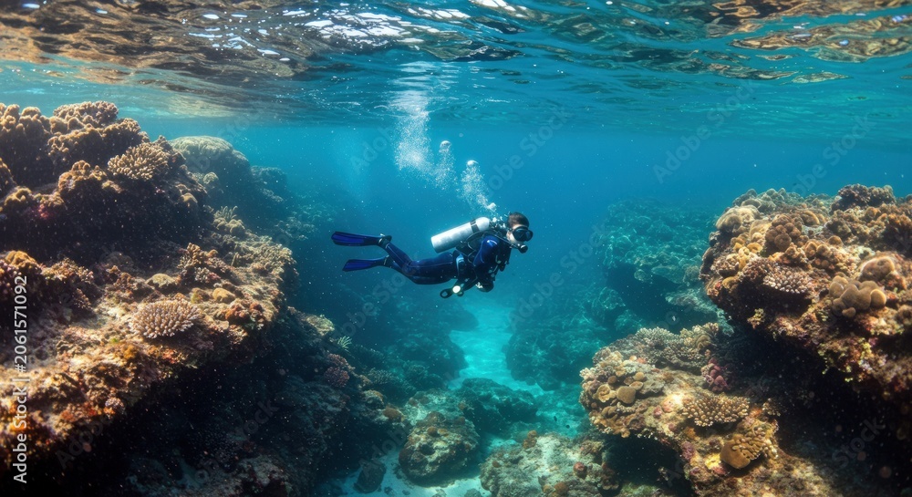 Fototapeta premium Scuba diver exploring coral reef.