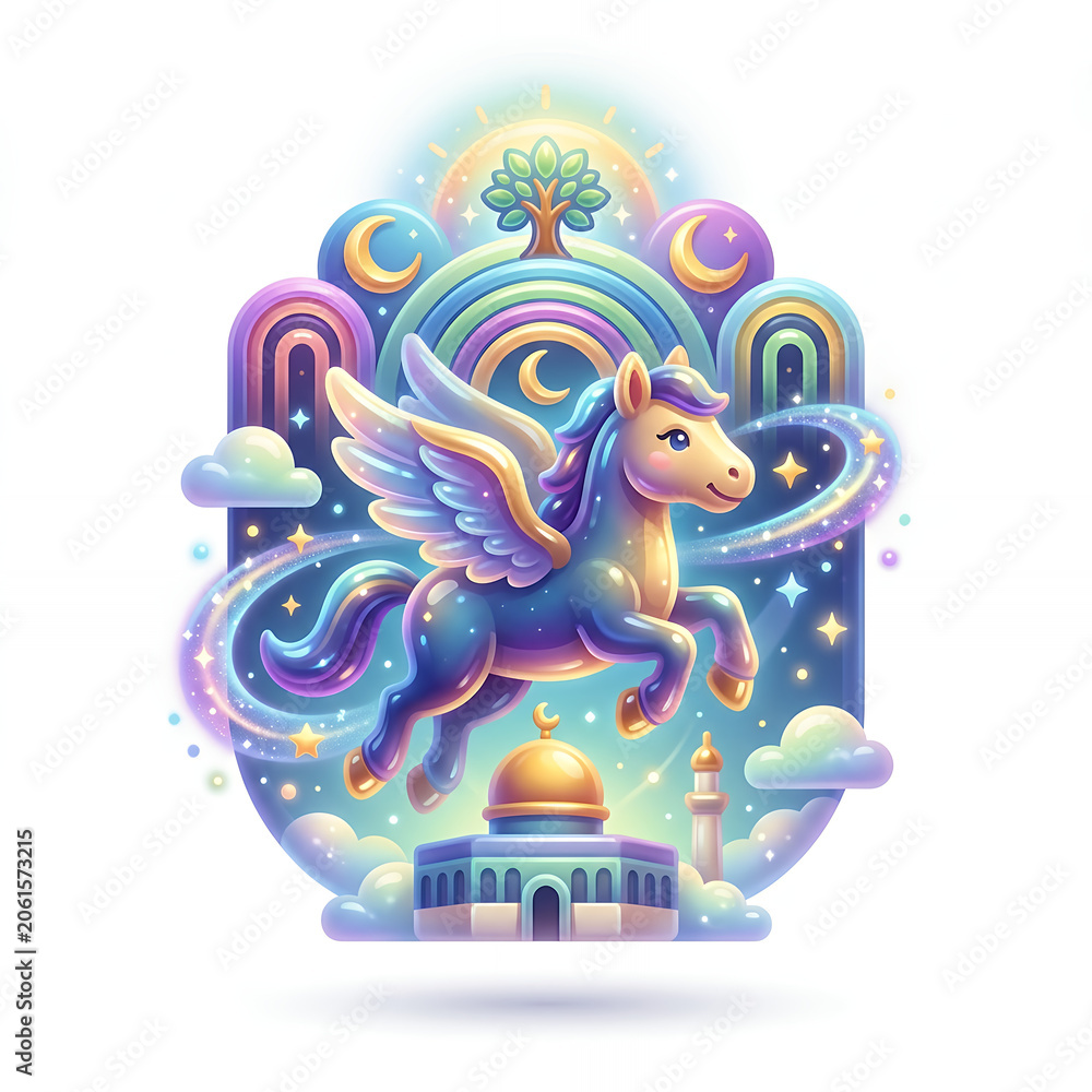 Fototapeta premium Vibrant Pegasus Flying Over Mosque Under Starry Sky