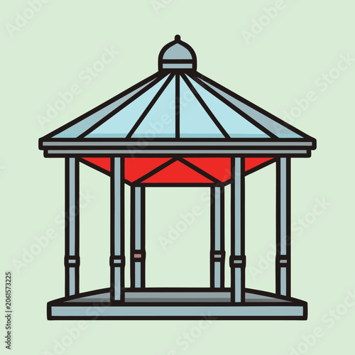Foto Charming Blue Roofed Gazebo with Red Accents on Pale Green Background