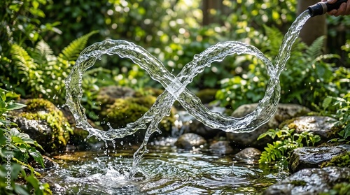 Infinity symbol shaped water stream flowing over rocks in a lush green garden