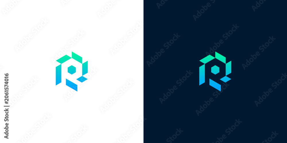 Fototapeta premium Abstract letter R logo design template with geometric gradient shapes in blue and green