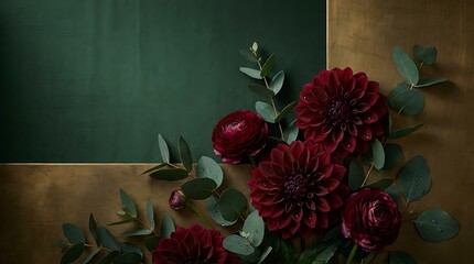 Dark red flowers and eucalyptus on green and gold background arrangement