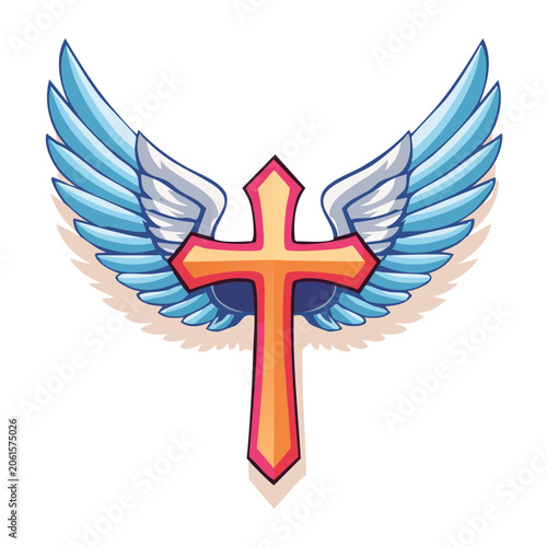 Christian cross with blue wings