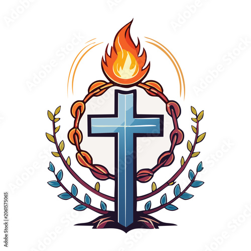 Christian cross with flame and laurel wreath