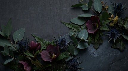 Dark floral arrangement with purple flowers and green leaves on slate background