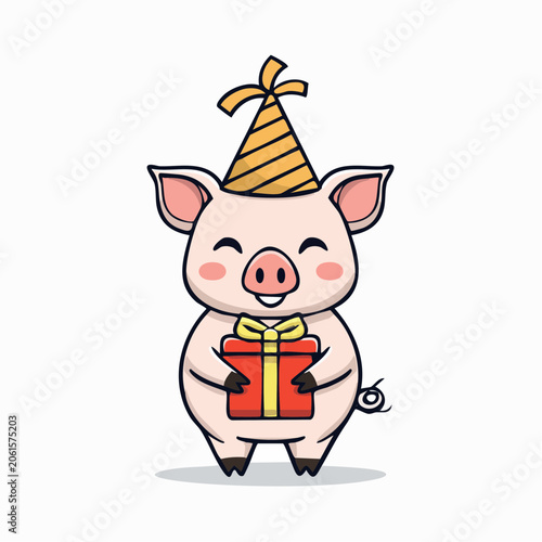 Cute Pig Wearing Party Hat Holding Gift Box
