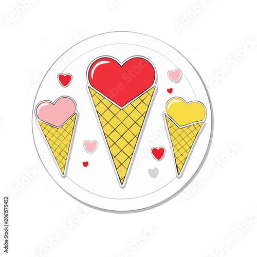 Heart-shaped ice cream cones in flat design