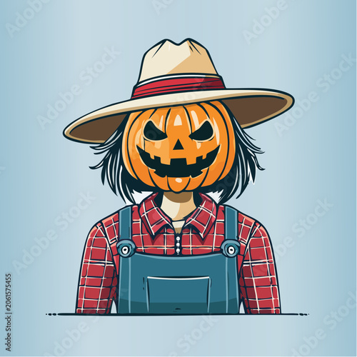 Halloween Pumpkin Head Character Wearing Overalls and Hat