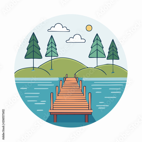 Wooden Pier on a Lake with Trees and Clouds