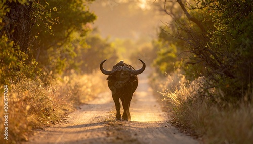 Buffalo walks down sunlit dirt path