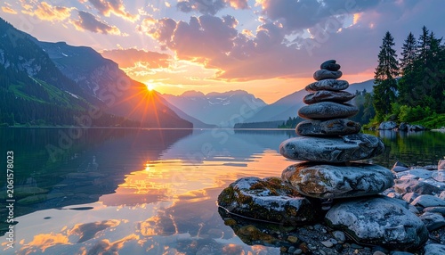 Calm stones, majestic mountain sunset