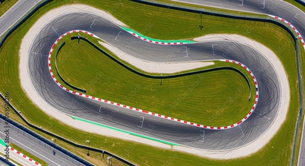 Naklejka premium Aerial view of a winding asphalt race track curve featuring vibrant green grass borders and red white curbing markings captured during a bright sunny day at a high speed circuit.