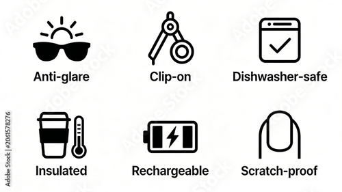 Six diversified daily performance icons represent the concept of anti glare, scratch resistant, insulation, and rechargeable, suitable for labeling household daily necessities.
