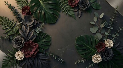 Dark gray background with lush floral arrangement and green leaves